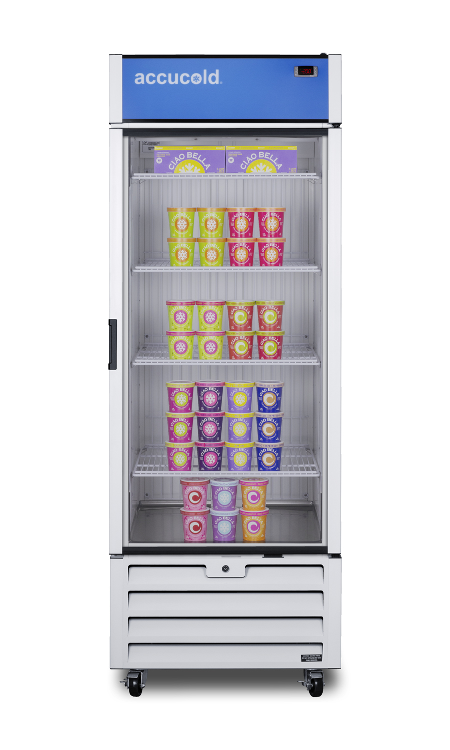 21.34 cu.ft. upright commercial display freezer with self-closing glass door, front lock, and white cabinet